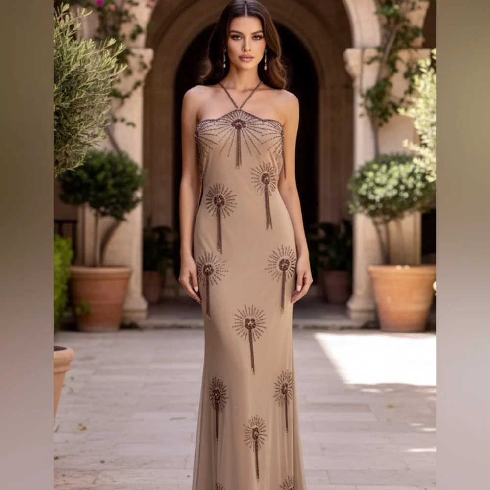 Designer Strapless‎ Blush hand Beaded Evening Gown on stretch power mesh